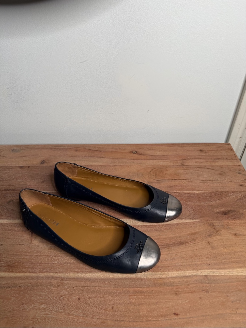 Coach Navy Leather Ballet Flats with Silver Cap-Toe - Picture 3 of 6